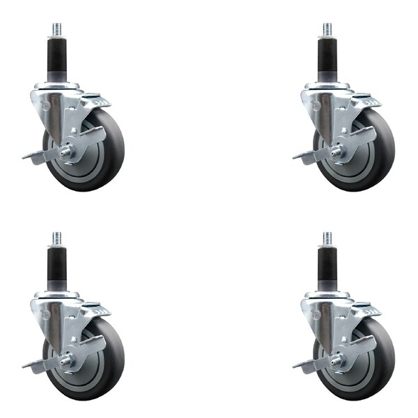 Service Caster 4'' SS Thermoplastic Rubber Swivel 1-1/8'' Expanding Stem Caster Set with Brake, 4PK SCC-SSEX20S414-TPRB-TLB-118-4 - main